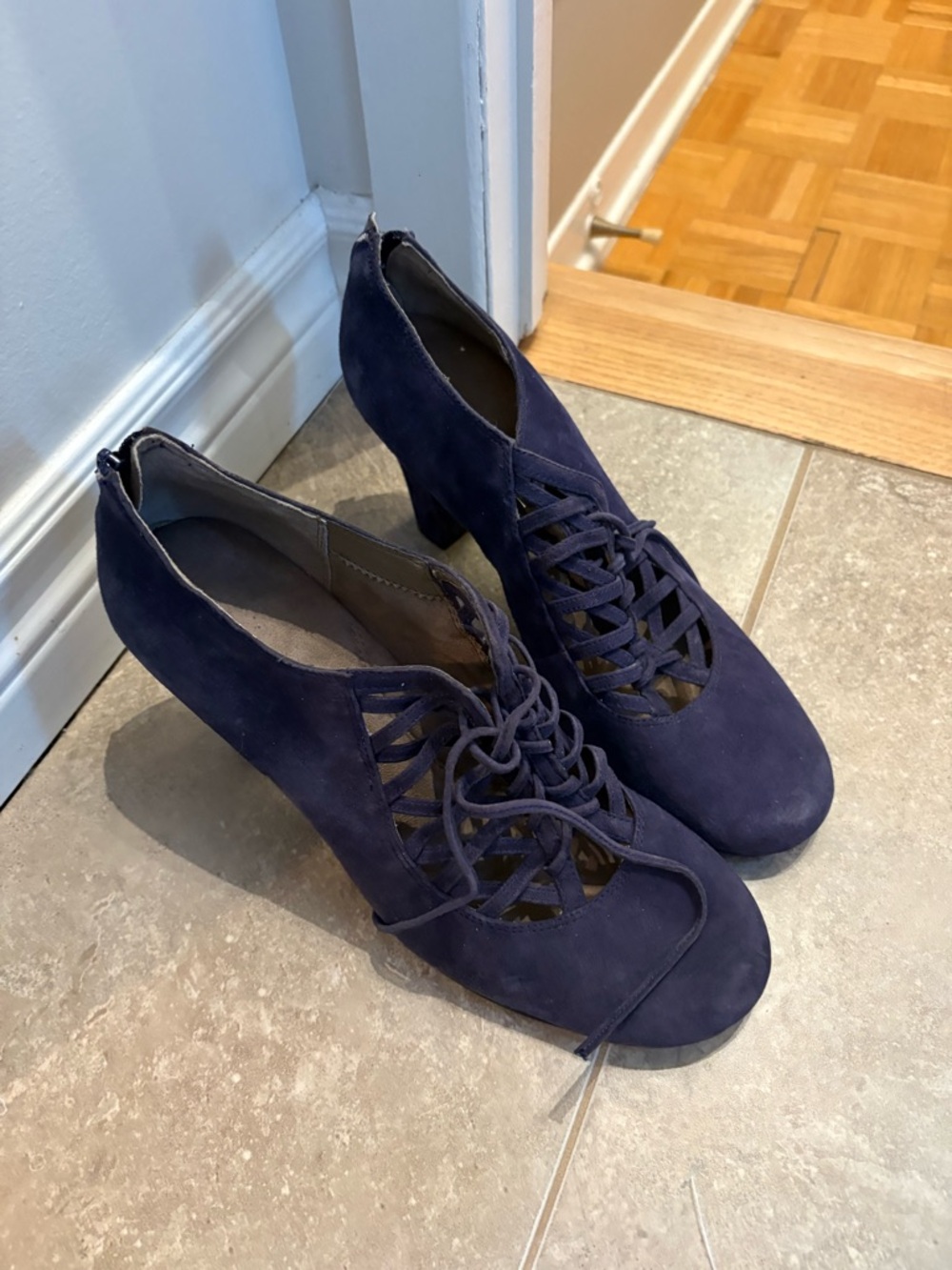 Women’s Navy Suede Lace-Up Heeled Booties never worn!